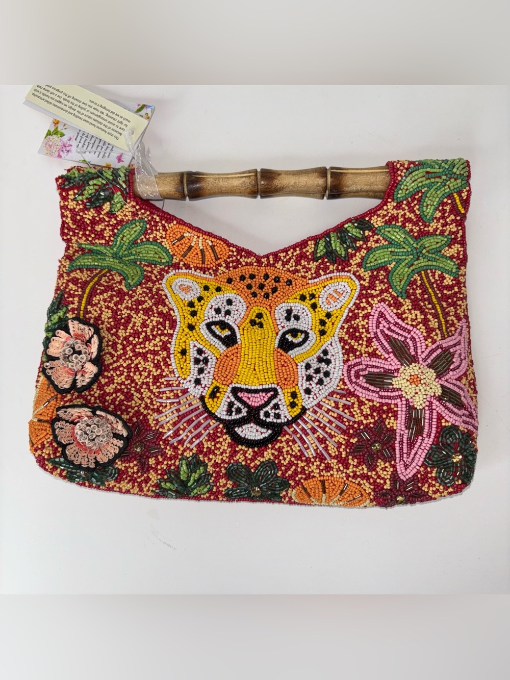 NEW Handcrafted India Beaded Jungle Jaguar/Leopard Face Bamboo Handle Clutch Bag